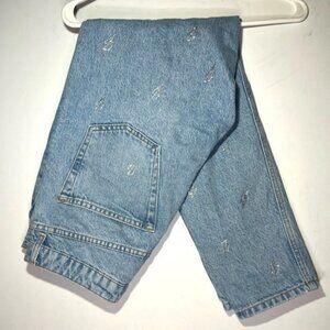 Topshop Women's Light Wash Lightening Bling Sequin Glam Mom Jeans Sz 28" L 30"
